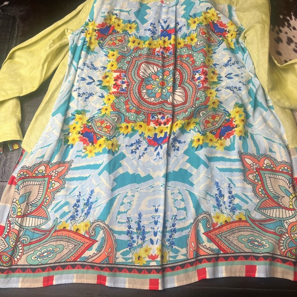 John Mark Tunic Dress Large Linen Blend Long Roll Tab Sleeve Graphic Back M - Picture 10 of 11